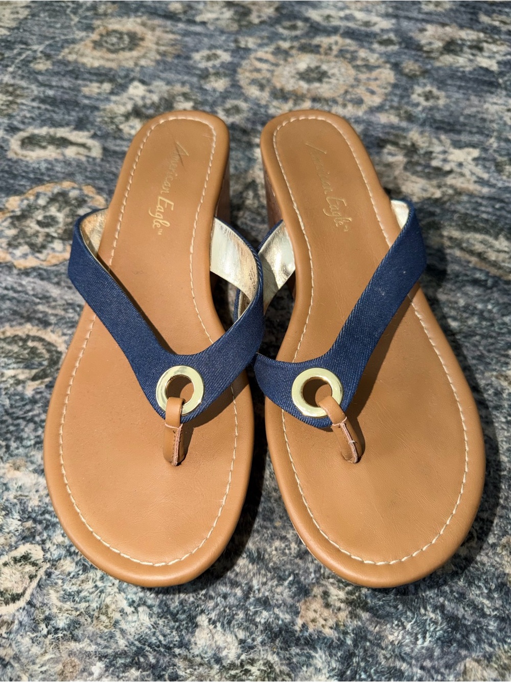 American Eagle Outfitters Tan and Navy Wedge Sandals